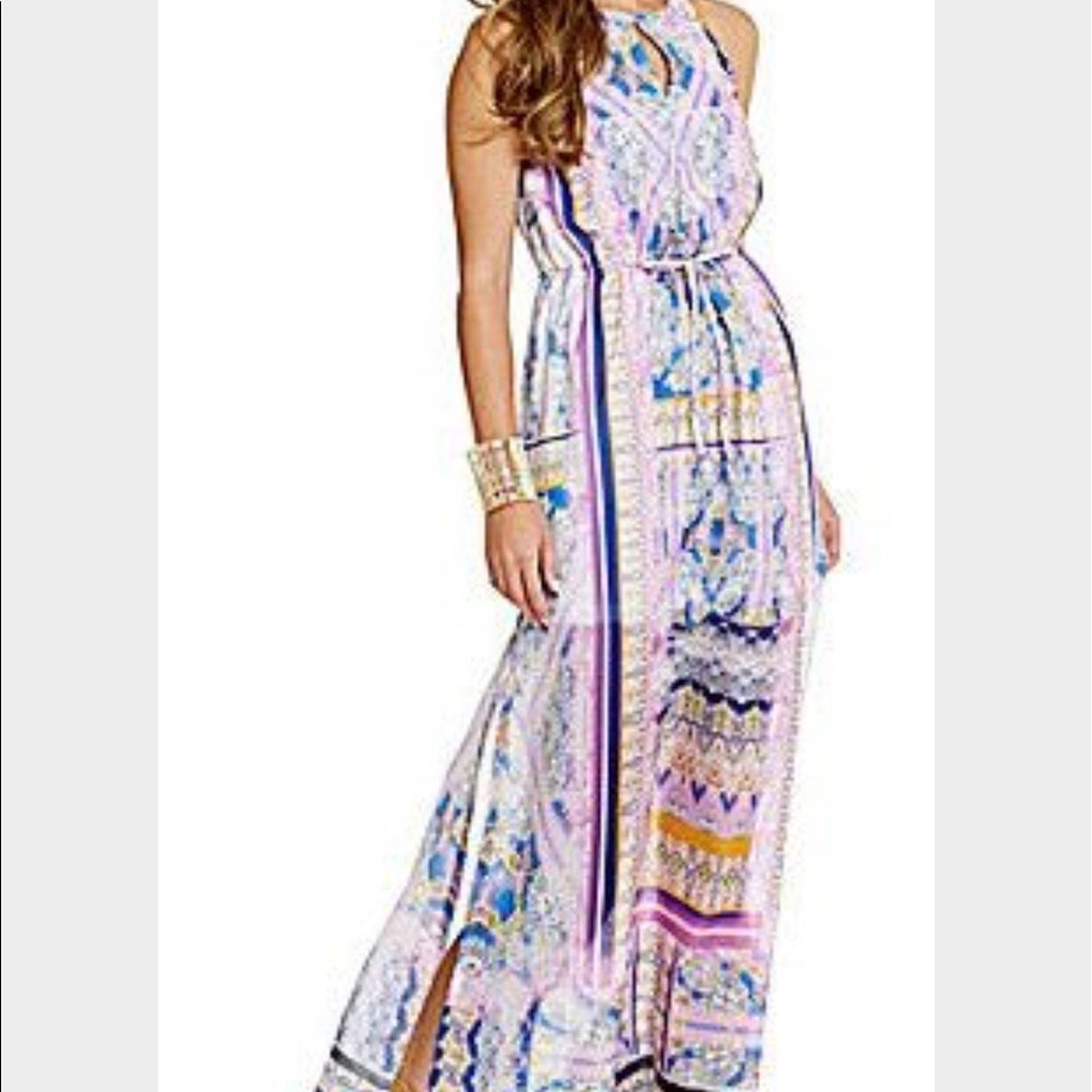 Buffalo David Bitton Lynne Maxi Dress Purple Blue Ethnic Print Womens Large NWT